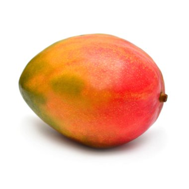 Beyaz arka planda tamamen izole edilmiş bir mango. Çok renkli güzel.