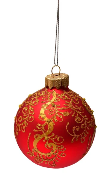 Red christmas ball isolated on white background. Flat lay, top v — Stock Photo, Image