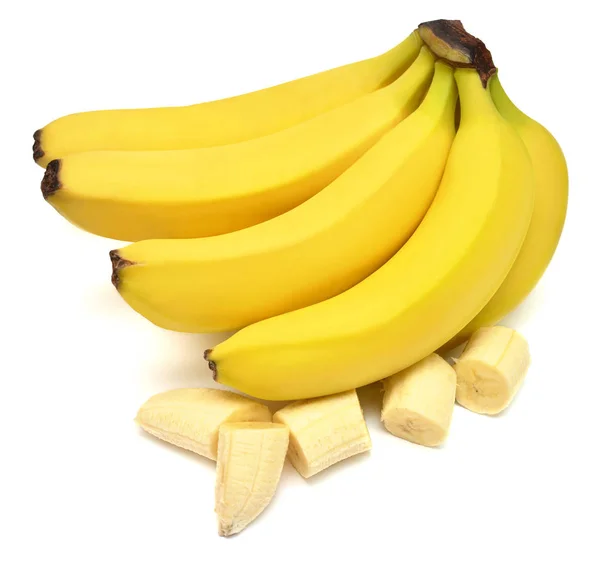 Piękne banany i pierścienie wycięte na białym worku. — Zdjęcie stockowe