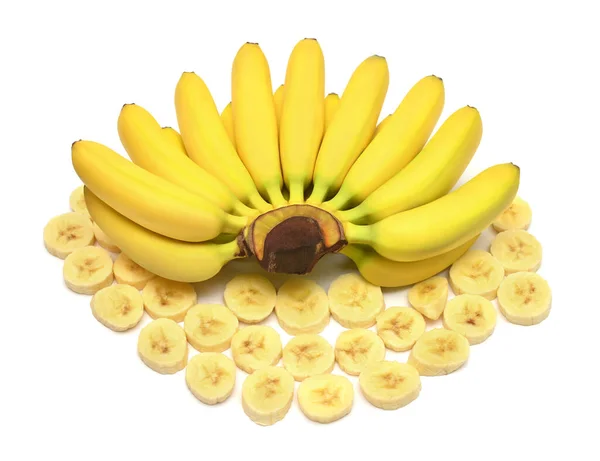 Een mooie bos van baby bananen en ringen gesneden geïsoleerd op whit — Stockfoto