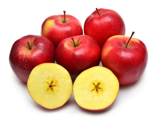 赤りんご群と白バックグロに分離されたスライスマクロフルーツ — ストック写真