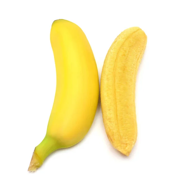 Twee baby bananen met en zonder schil geïsoleerd op witte backgro — Stockfoto