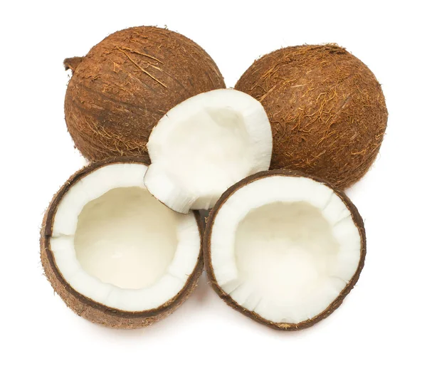 Kokosnüsse ganz, halb und halb isoliert auf weißem Hintergrund. Das ist nicht der einzige Punkt, an dem man sich fragen muss, ob man das wirklich will. — Stockfoto