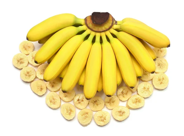 Een mooie bos van baby bananen en ringen gesneden geïsoleerd op whit — Stockfoto