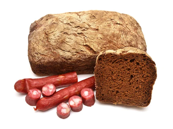 Hunting sausages whole and slice with black bread isolated on wh Stock Image