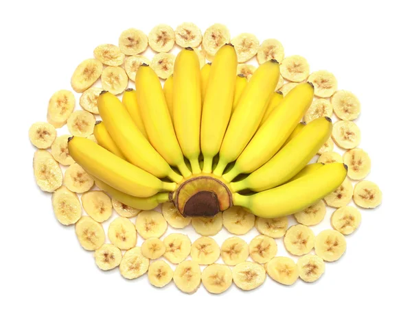 A beautiful bunch of baby bananas and rings cut isolated on whit 로열티 프리 스톡 이미지