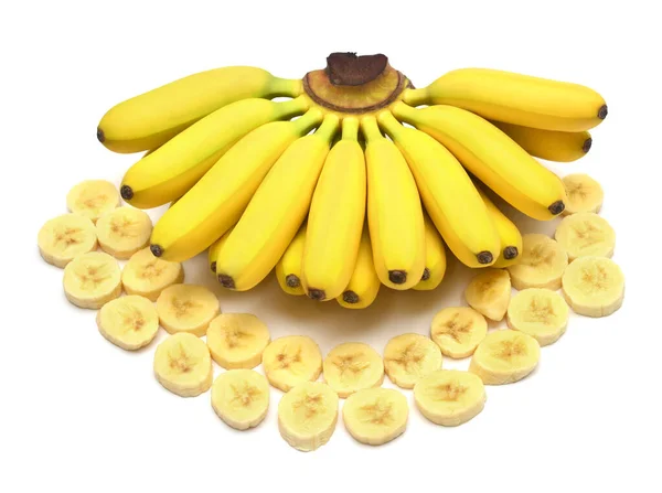 A beautiful bunch of baby bananas and rings cut isolated on whit Royalty Free Stock Photos