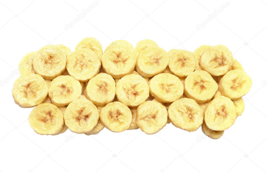 Bananas rings cut isolated on white background. Pieces, tropical
