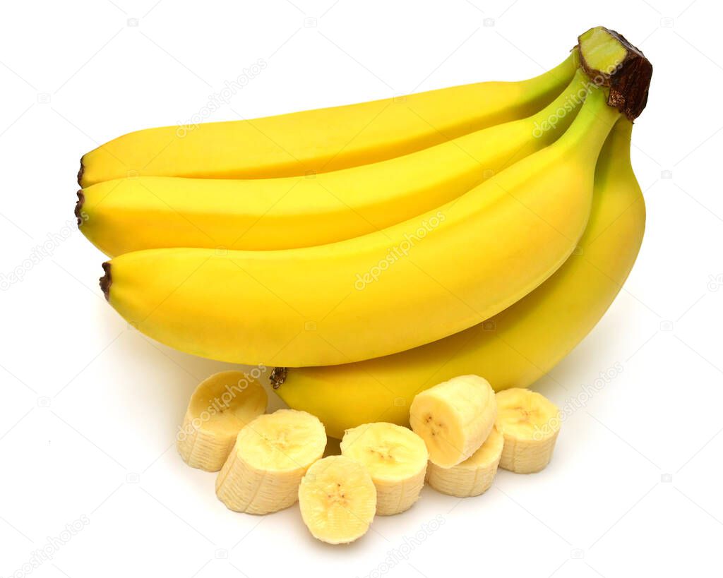 A beautiful bunch of bananas and rings cut isolated on white bac