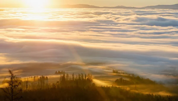 Nuvens iluminadas pelo sol da manhã sobre o vale . — Fotografia de Stock