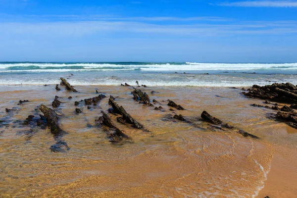Klippformationer på sandstrand (Portugal). — Stockfoto