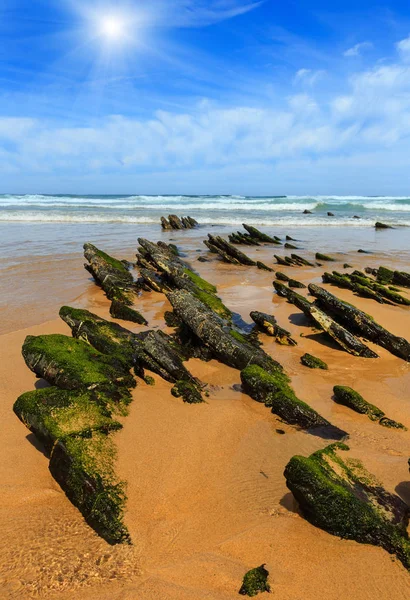 Verőfényes sziklás homokos strand (Portugália). — Stock Fotó