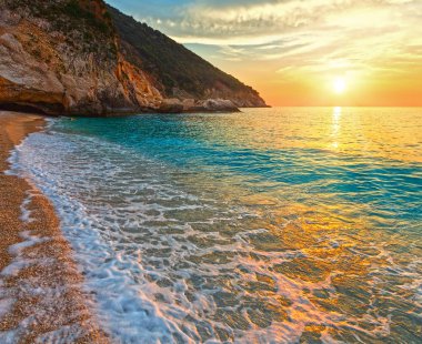 Sunset Myrtos Beach (Kefalonia, Yunanistan Ionian Sea).