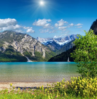 Plansee yaz güneşli manzara (Avusturya).