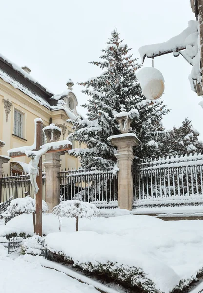 Tidig morgon vinter St. George Cathedral innergård (Lviv, Ukrain — Stockfoto