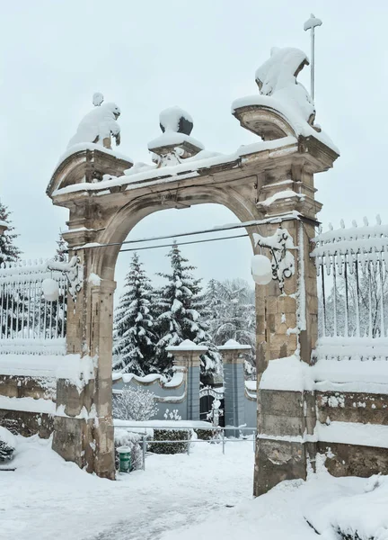 Рано вранці зима, подвір'я собору Святого Юра (Львів, укр — стокове фото