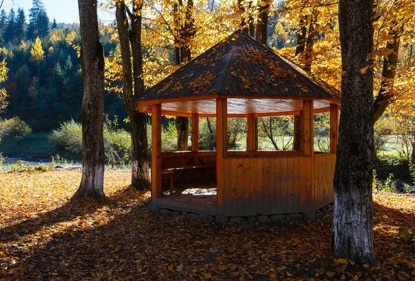 Gazebo en otoño Cárpatos montaña haya soleado parque en el río —  Fotos de Stock