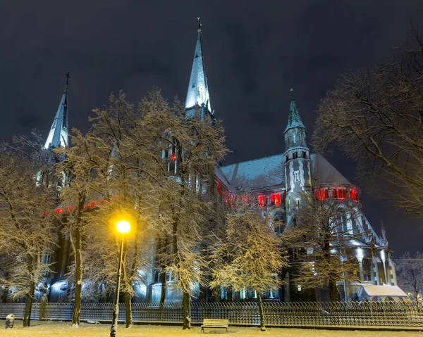 Kerk van Sts. Olha en Elizabeth in nacht winter Lviv stad, Ukr — Stockfoto