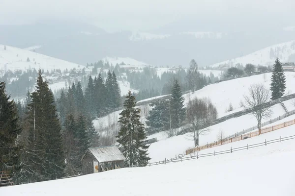 Tidig morgon vinterlandskap mountain village — Stockfoto