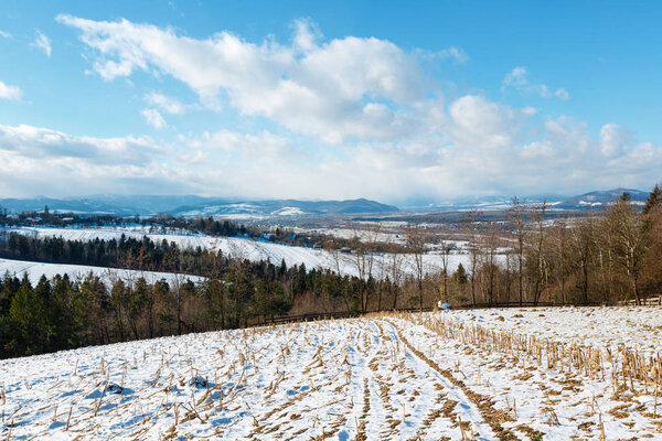 Winter mountain landscape with field, grove and village in far