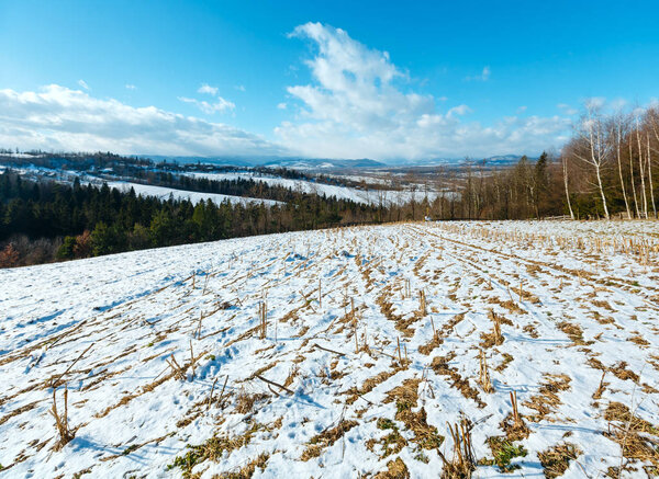 Winter mountain landscape with field, grove and village in far