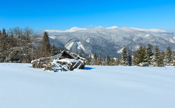 Winter snowy Carpathian mountains and old ruined wooden shed, Uk
