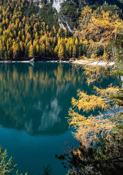 Autumn peaceful alpine lake Braies or Pragser Wildsee. Fanes-Sen — Stock Photo, Image