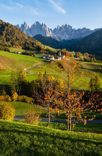 Noche de otoño Santa Magdalena famosa Italia Dolomitas pueblo vi —  Fotos de Stock
