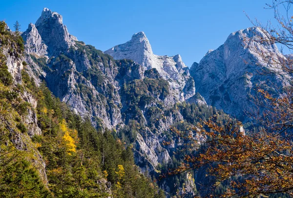 Солнечная красочная осенняя альпийская сцена. Мирный скалистый вид на горы — стоковое фото