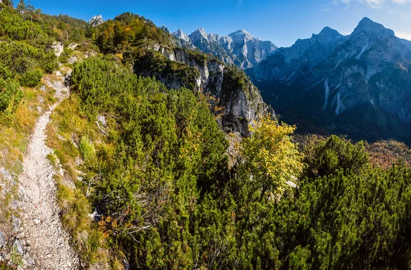 Сонячно-кольорова осіння альпійська сцена. Спокійний скелястий вид на гору — стокове фото