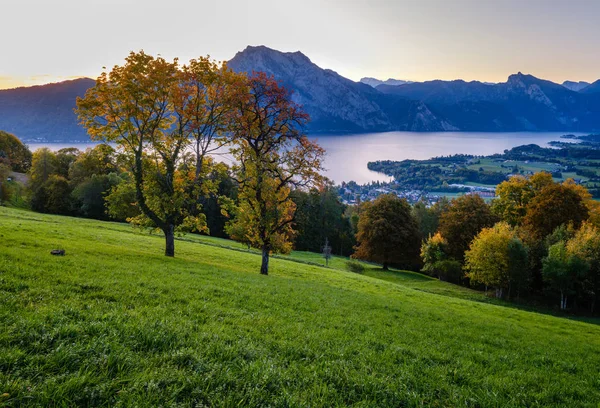 平静的秋天阿尔卑斯山湖水. 日出景观至Traunsee湖畔 — 图库照片
