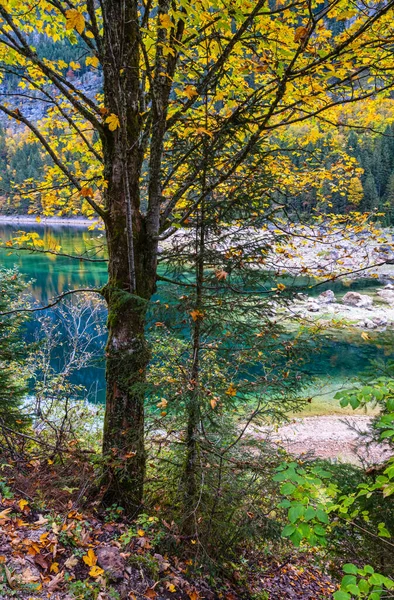 Lago sereno de los Alpes otoñales con aguas transparentes — Foto de Stock