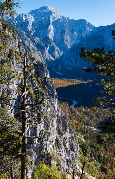 Scène alpine ensoleillée et colorée d'automne. Vue paisible sur la montagne rocheuse — Photo