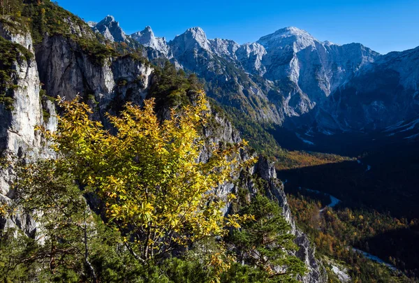 Sonnige farbenfrohe herbstliche Alpenlandschaft. friedlicher felsiger Bergblick — Stockfoto
