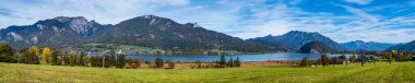 Peaceful autumn Alps mountain lake shore view. Wolfgangsee lake,