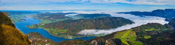 Picturesque autumn Alps mountain lakes view from Schafberg viewp