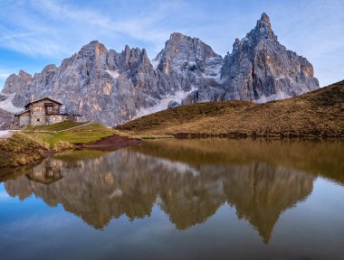 Evening twilight autumn alpine Dolomites mountain scene, Trento,