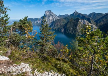 Kleiner So 'dan huzurlu sonbahar Alps dağı Traunsee gölü manzarası
