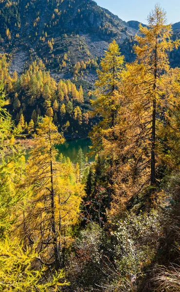 Lugn höst Alperna fjällsjö med klart transparent vatten och — Stockfoto