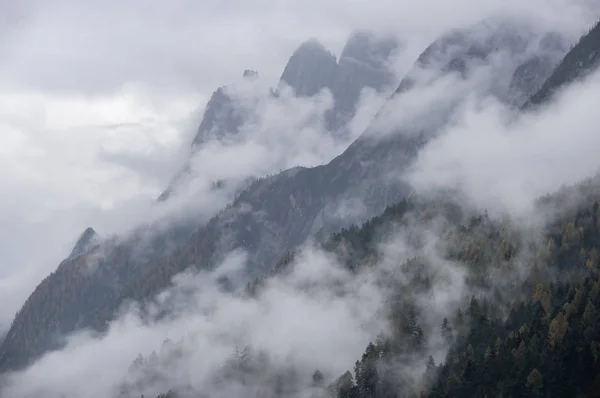 Mystic cloudy and foggy autumn alpine mountain slopes scene. Aus — Stock Photo, Image
