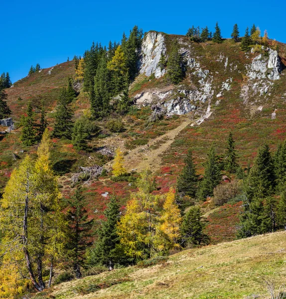 Békés ősz Alpok hegyi napos kilátás túraútvonalról D — Stock Fotó