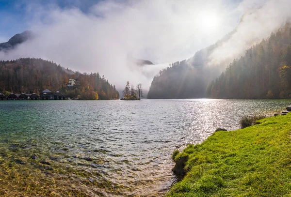 Гірська Альпійська Осінь Туманне Ранкове Озеро Konigssee Schonau Konigssee Berchtesgaden — стокове фото