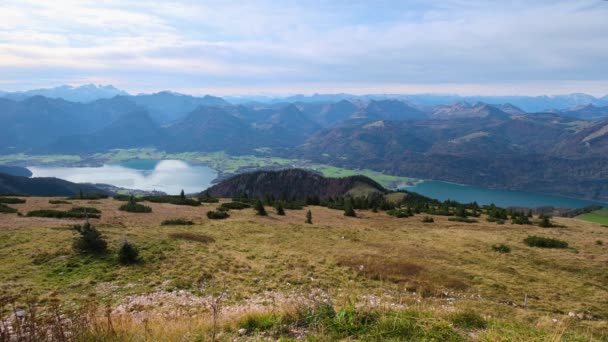 Pintoresco Otoño Alpes Montaña Wolfgangsee Lago Vista Desde Mirador Schafberg — Vídeo de stock