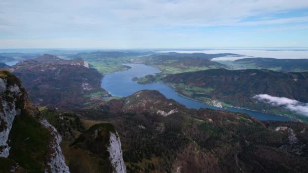 Picturesque Autumn Alps Mountain Lakes View Schafberg Viewpoint Salzkammergut Upper — Stock Video
