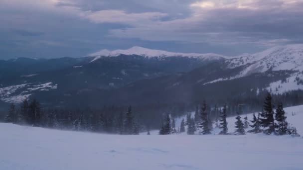 高山朦胧和多云的晨雪 乌克兰喀尔巴阡山脉德拉戈布拉特滑雪胜地 因为强风 相机微微抽动 — 图库视频影像