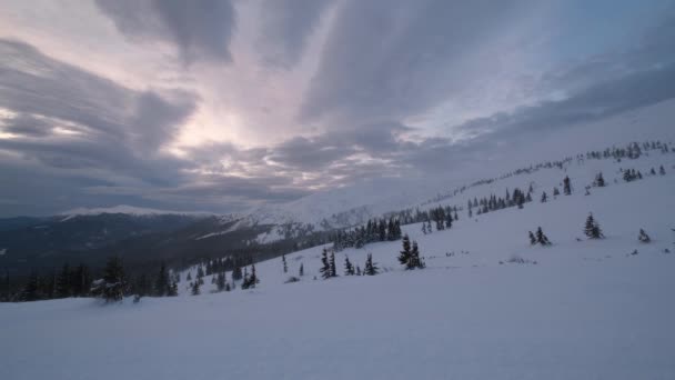 高山朦胧和多云的晨雪 乌克兰喀尔巴阡山脉德拉戈布拉特滑雪胜地 因为强风 相机微微抽动 — 图库视频影像