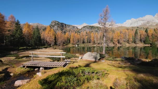 Herbst Alpiner Bergsee Der Nähe Von San Pellegrino Pass Trentino — Stockvideo