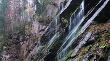 Mountain alpine autumn Wimbachklamm gorge and Wimbach stream with wooden path, Berchtesgaden national park, Alps, Bavaria, Germany.  Picturesque traveling, seasonal and nature beauty concept scene.