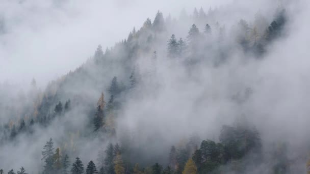 Mystieke Bewolkte Mistige Herfst Alpine Berghellingen Scene Oostenrijkse Lienzer Dolomieten — Stockvideo