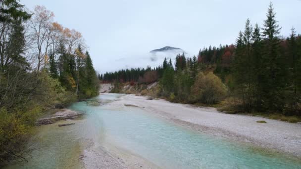Autumn Overcast Day Karwendel Bavarian Prealps Isar River Flow Germany — Stock Video